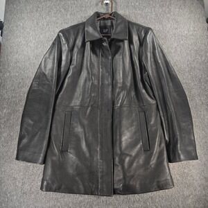 Vintage GAP Leather Jacket Womens Small Black Wool Lined Car Coat Y2K 2000 7/00